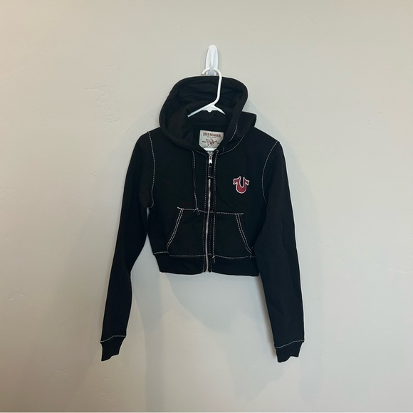 Women’s True Religion Shruken Zip Up Hoodie Big T, Black, Medium - Picture 4 of 10